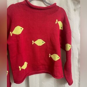 Boutique roll neck Red knit Sweater with Yellow Fish Design -S and M